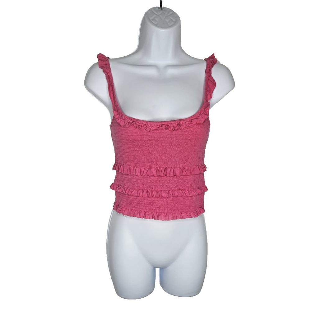 Urban Outfitters Pink Ruffle Smocked‎ Tank Top M Stretch Crop Cottagecore Summer